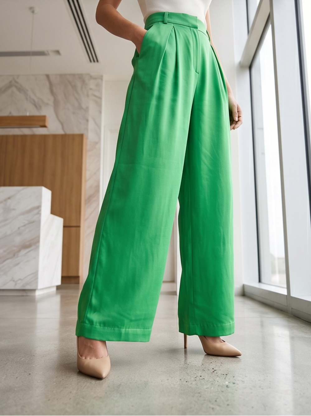 ZARA Bright Green Wide-Leg High Waist Trousers palazzo pants size medium